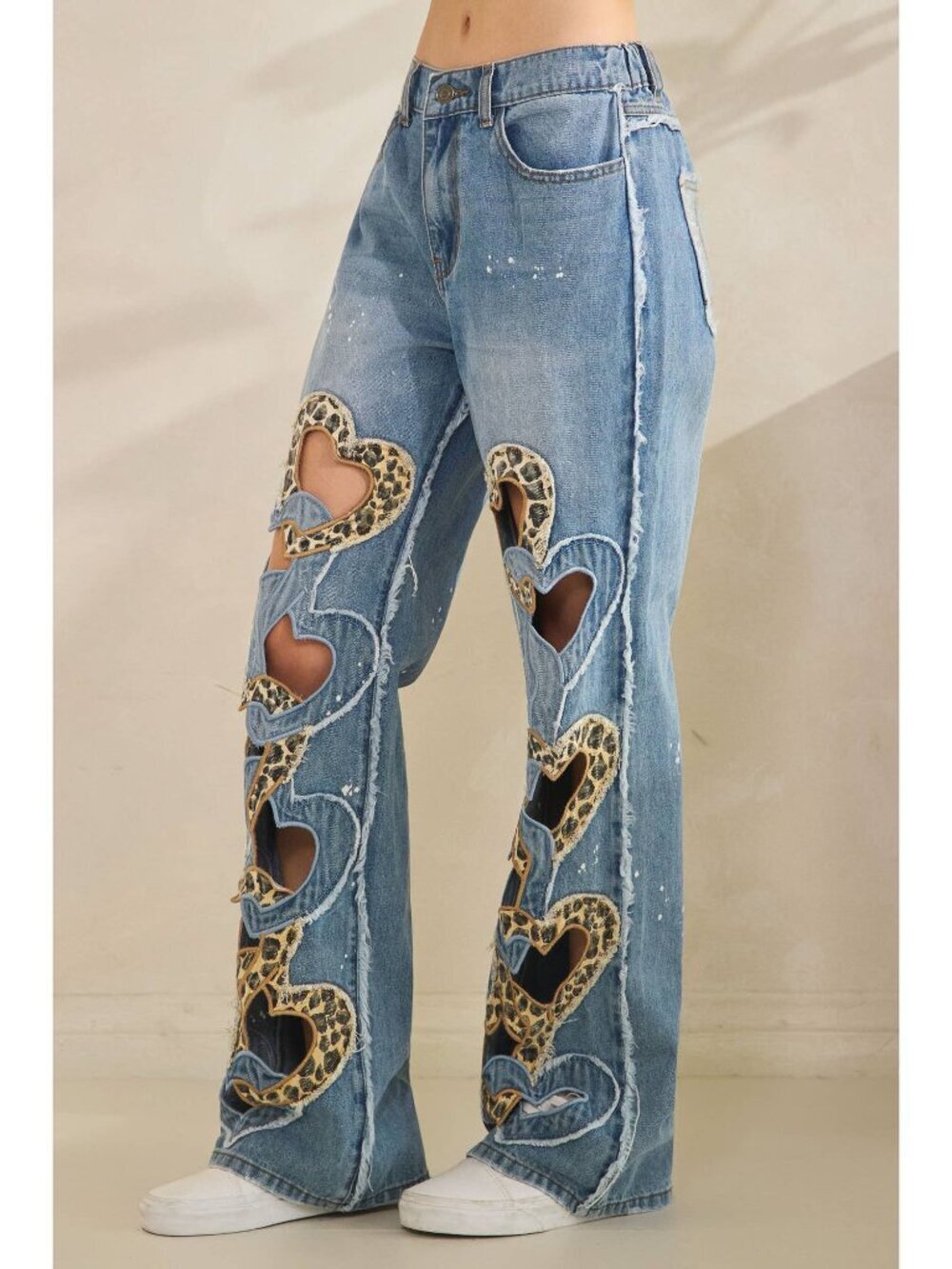 Oli & Hali ❤️NWT Wash Faded Heart Cutout Leopard Print Denim Frayed Seam Jeans❣️